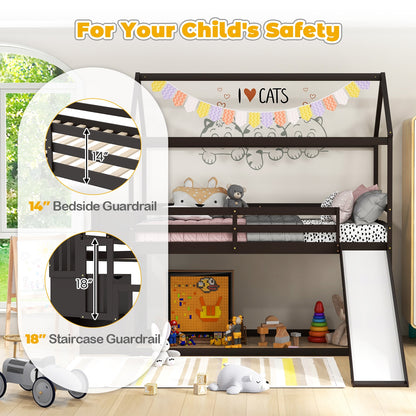 Whimsical Twin Loft Bed with Roof, Slide, and Storage Staircase for Kids - Espresso