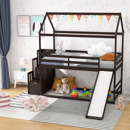 Whimsical Twin Loft Bed with Roof, Slide, and Storage Staircase for Kids - Espresso