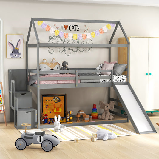 Whimsical Twin Loft Bed with Roof, Slide, and Storage Staircase for Kids - Grey
