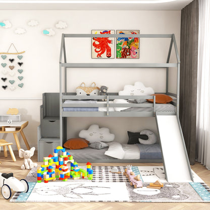 Whimsical Twin Loft Bed with Roof, Slide, and Storage Staircase for Kids - Grey
