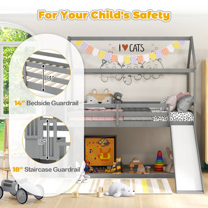 Whimsical Twin Loft Bed with Roof, Slide, and Storage Staircase for Kids - Grey