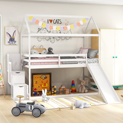 Whimsical Twin Loft Bed with Roof, Slide, and Storage Staircase for Kids - White