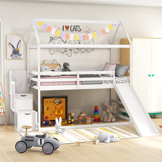Whimsical Twin Loft Bed with Roof, Slide, and Storage Staircase for Kids - White