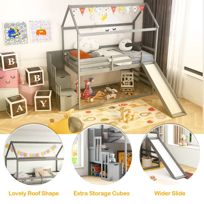 Whimsical Twin Loft Bed with Roof, Slide, and Storage Staircase for Kids - Grey