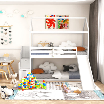 Whimsical Twin Loft Bed with Roof, Slide, and Storage Staircase for Kids - White
