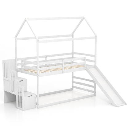 Whimsical Twin Loft Bed with Roof, Slide, and Storage Staircase for Kids - White