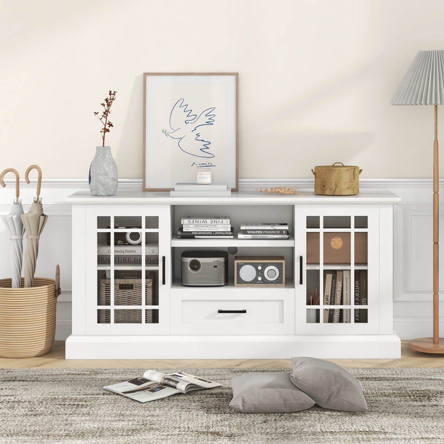 Modern TV Stand with Glass Doors Drawer and Storage Cubbies for TVs up to 70 Inches - White
