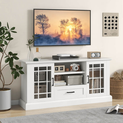 Modern TV Stand with Glass Doors Drawer and Storage Cubbies for TVs up to 70 Inches - White