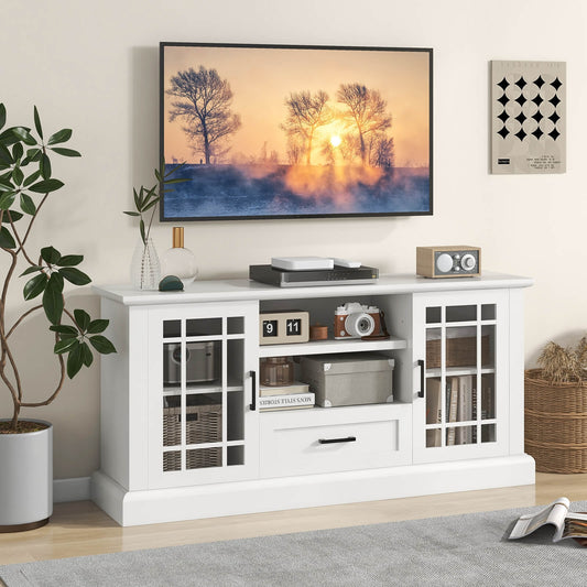 Modern TV Stand with Glass Doors Drawer and Storage Cubbies for TVs up to 70 Inches - White