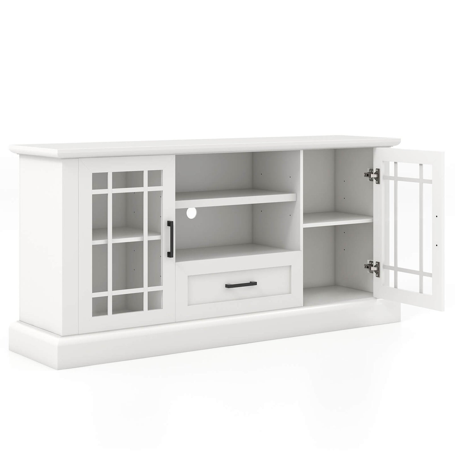 Modern TV Stand with Glass Doors Drawer and Storage Cubbies for TVs up to 70 Inches - White