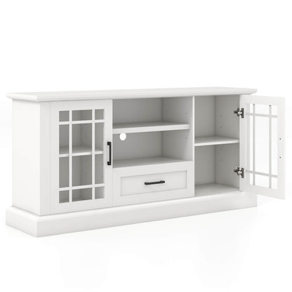 Modern TV Stand with Glass Doors Drawer and Storage Cubbies for TVs up to 70 Inches - White
