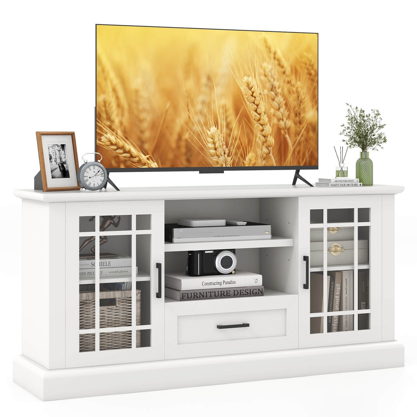 Modern TV Stand with Glass Doors Drawer and Storage Cubbies for TVs up to 70 Inches - White