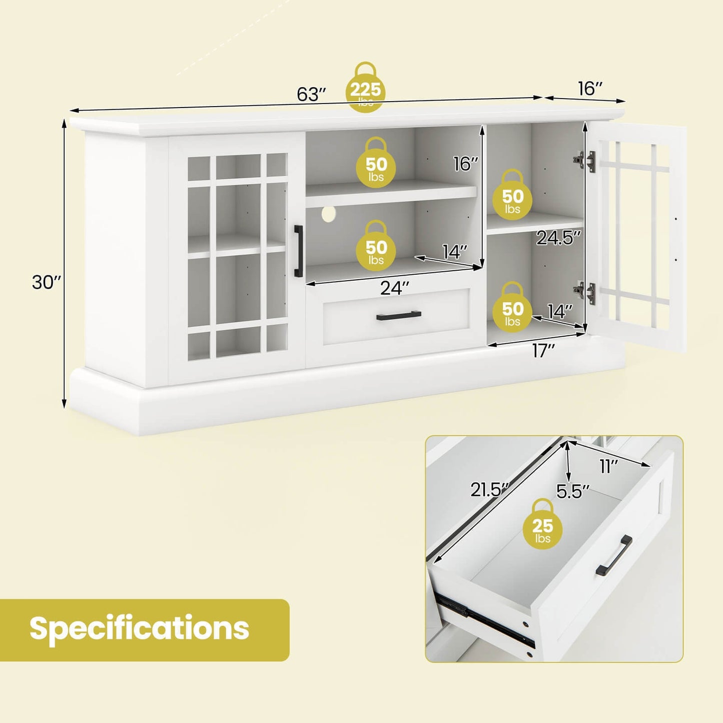 Modern TV Stand with Glass Doors Drawer and Storage Cubbies for TVs up to 70 Inches - White