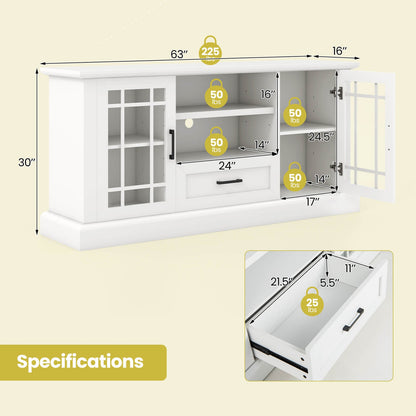 Modern TV Stand with Glass Doors Drawer and Storage Cubbies for TVs up to 70 Inches - White