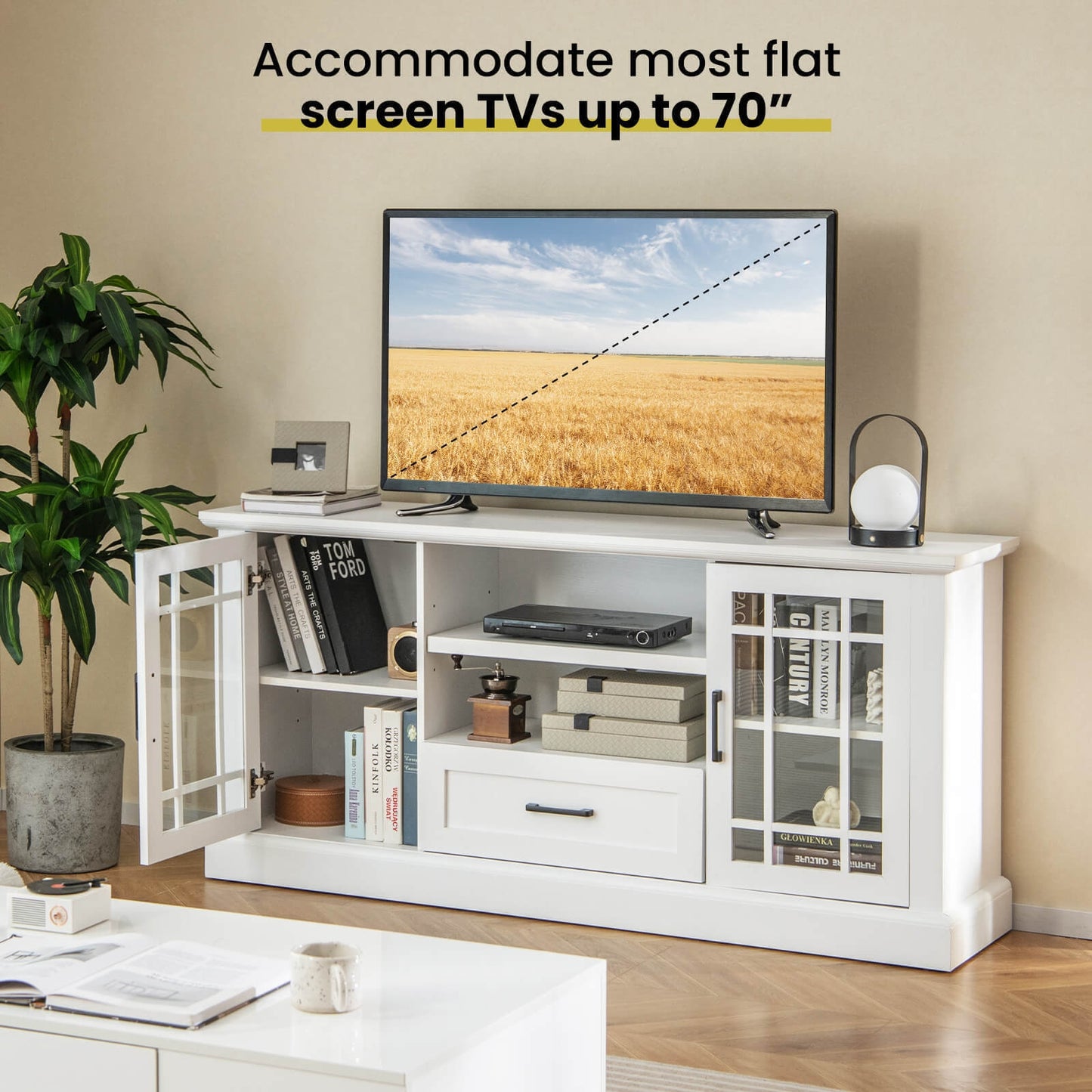 Modern TV Stand with Glass Doors Drawer and Storage Cubbies for TVs up to 70 Inches - White