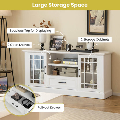 Modern TV Stand with Glass Doors Drawer and Storage Cubbies for TVs up to 70 Inches - White