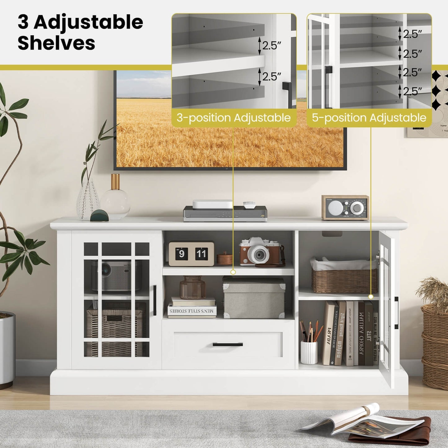 Modern TV Stand with Glass Doors Drawer and Storage Cubbies for TVs up to 70 Inches - White