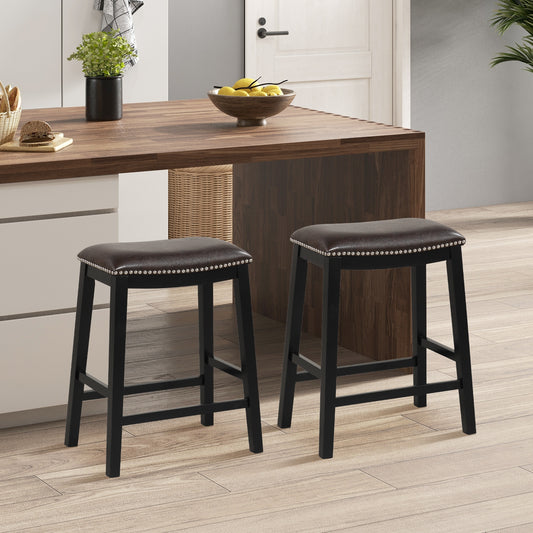Elegant Counter Height Bar Chairs Set of 2 with PVC Leather Seat and Wooden Base, 26 Inch Brown