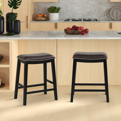 Elegant Counter Height Bar Chairs Set of 2 with PVC Leather Seat and Wooden Base, 26 Inch Brown