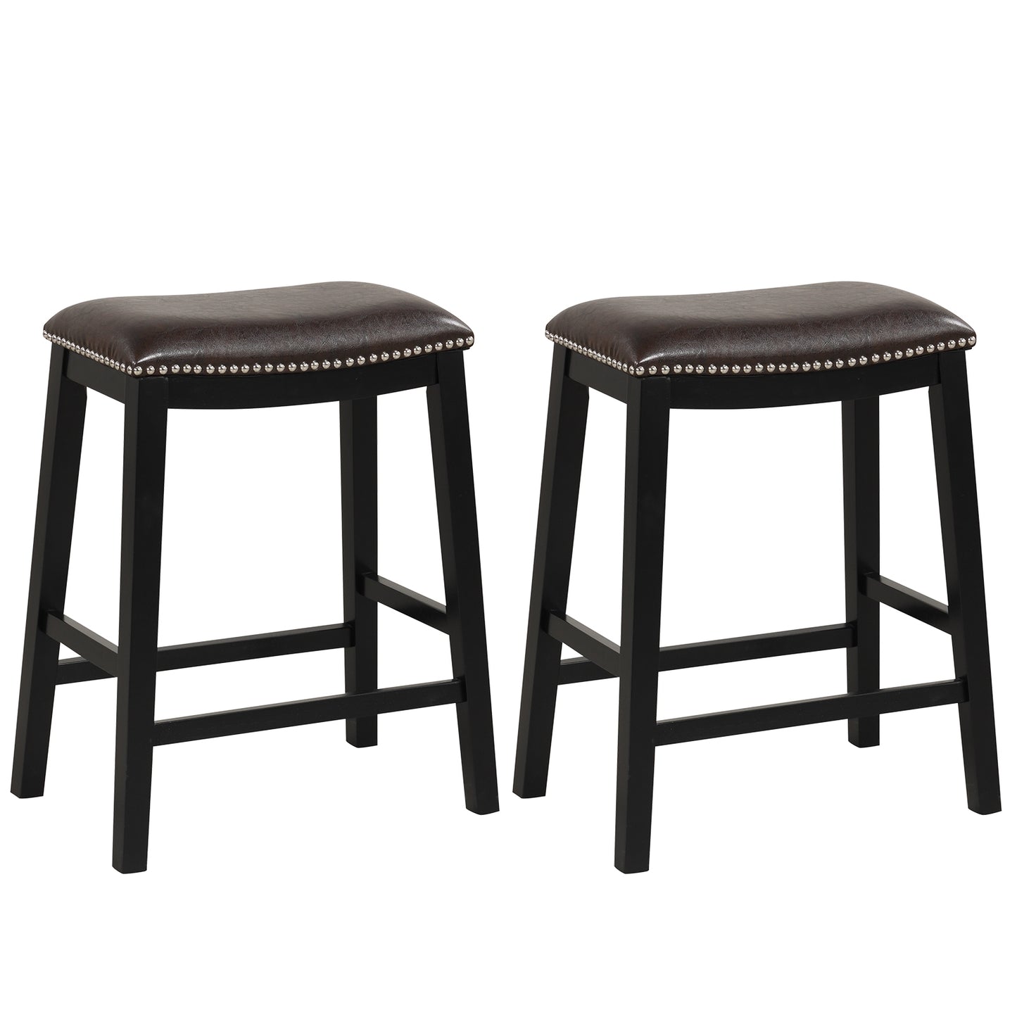 Elegant Counter Height Bar Chairs Set of 2 with PVC Leather Seat and Wooden Base, 26 Inch Brown