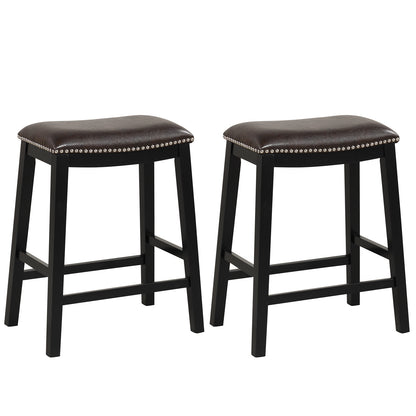 Elegant Counter Height Bar Chairs Set of 2 with PVC Leather Seat and Wooden Base, 26 Inch Brown