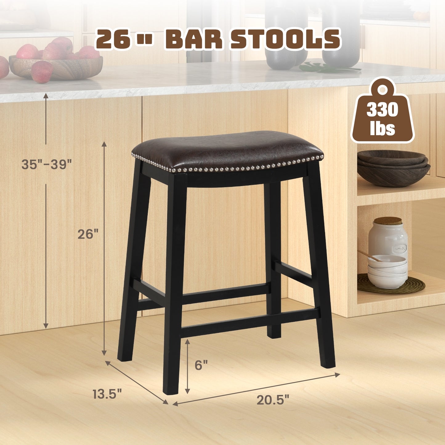 Elegant Counter Height Bar Chairs Set of 2 with PVC Leather Seat and Wooden Base, 26 Inch Brown