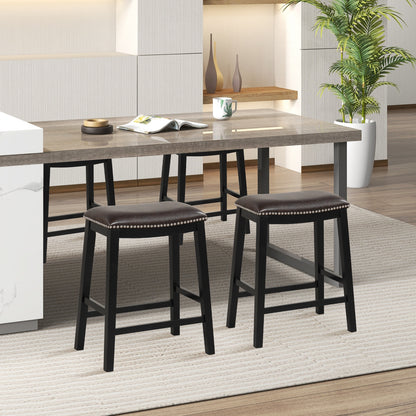 Elegant Counter Height Bar Chairs Set of 2 with PVC Leather Seat and Wooden Base, 26 Inch Brown