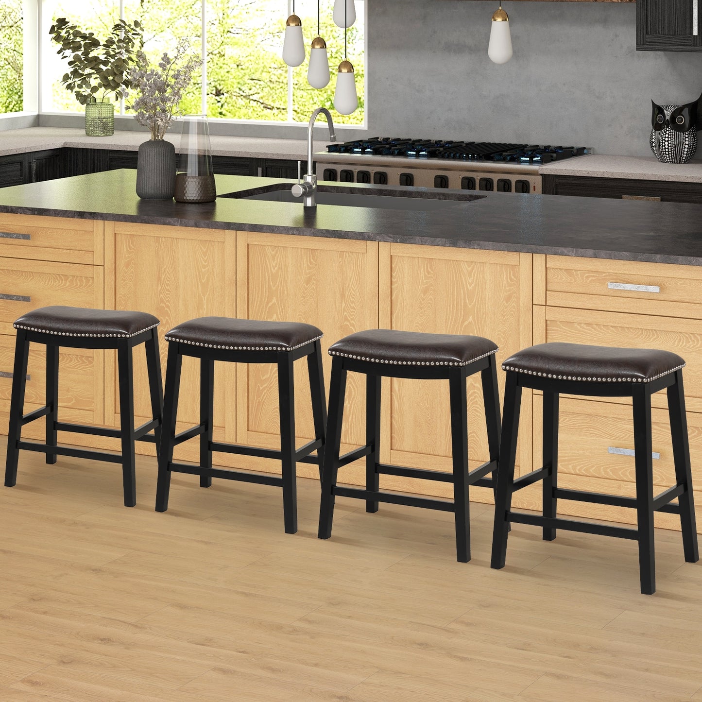 Elegant Counter Height Bar Chairs Set of 2 with PVC Leather Seat and Wooden Base, 26 Inch Brown