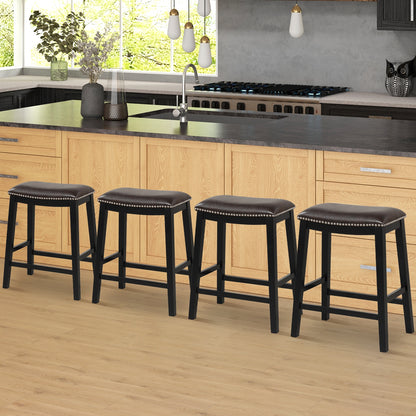 Elegant Counter Height Bar Chairs Set of 2 with PVC Leather Seat and Wooden Base, 26 Inch Brown