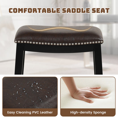Elegant Counter Height Bar Chairs Set of 2 with PVC Leather Seat and Wooden Base, 26 Inch Brown
