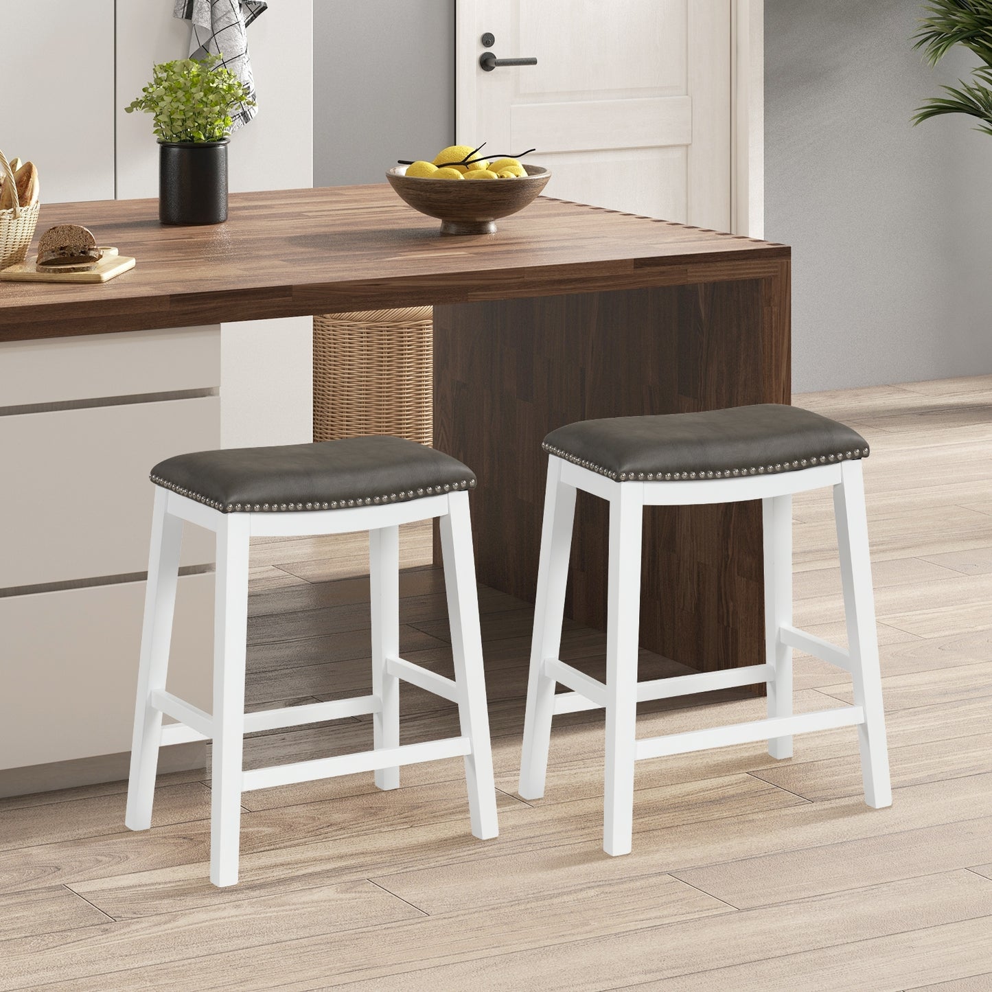 Elegant Counter Height Bar Chairs Set of 2 with PVC Leather Seat and Wooden Base, 26 Inch Grey