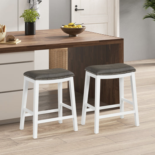Elegant Counter Height Bar Chairs Set of 2 with PVC Leather Seat and Wooden Base, 26 Inch Grey