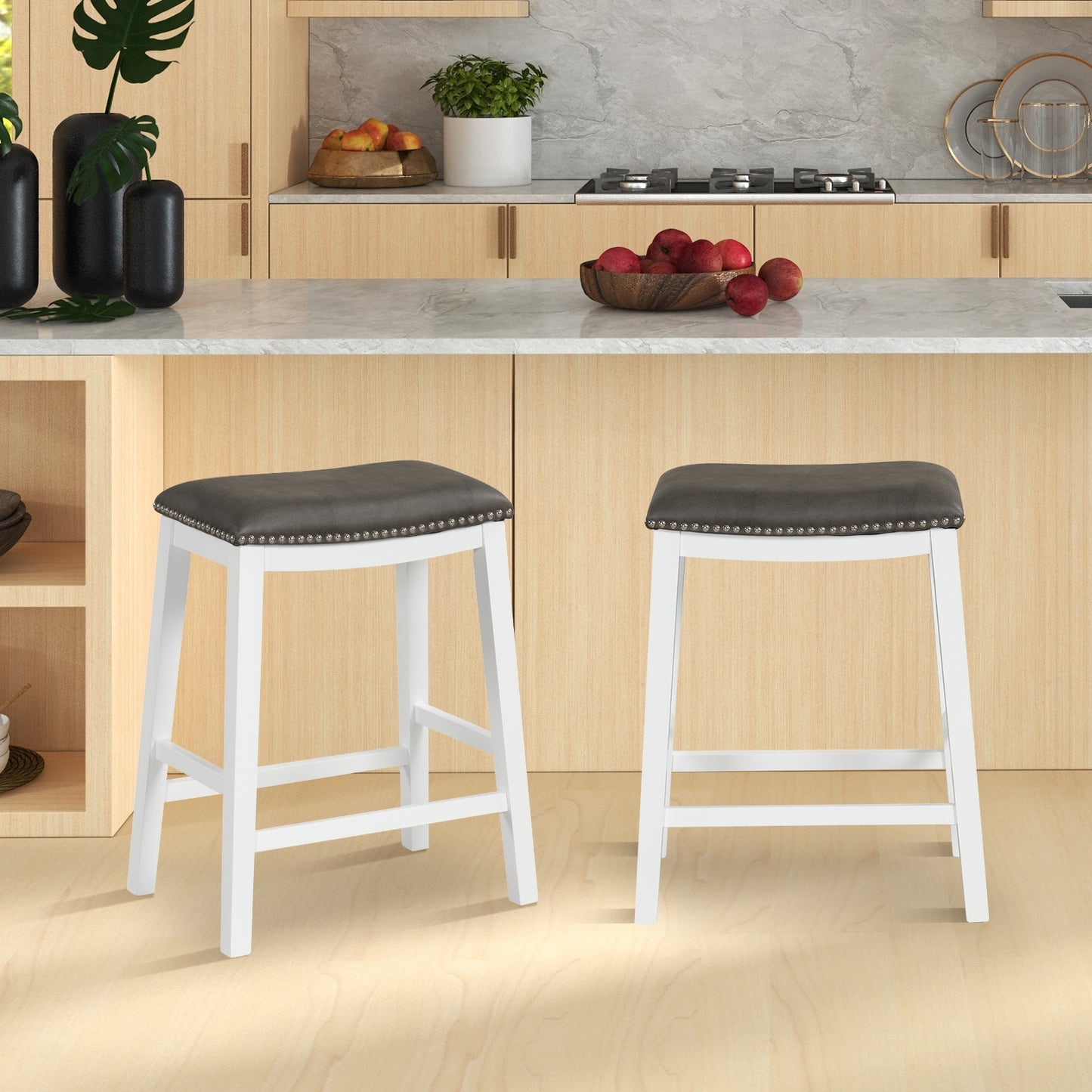 Elegant Counter Height Bar Chairs Set of 2 with PVC Leather Seat and Wooden Base, 26 Inch Grey