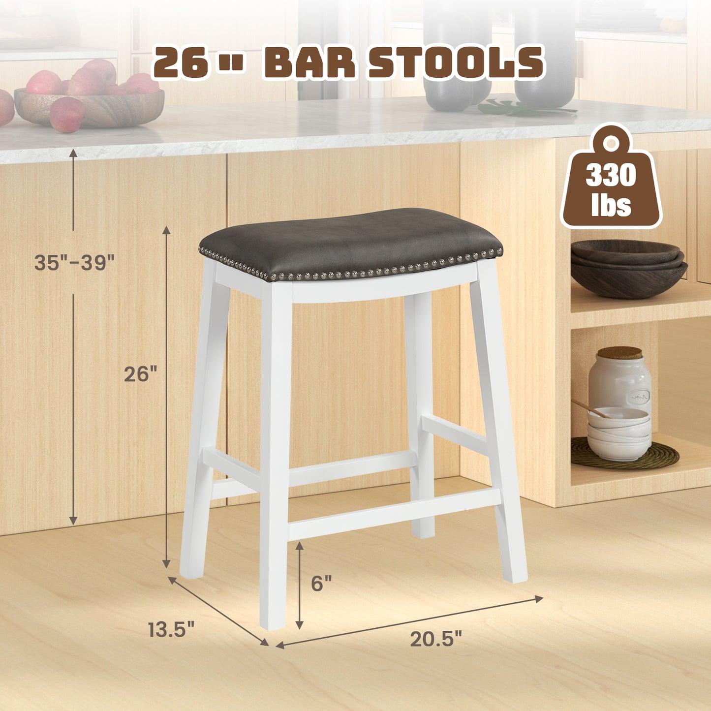 Elegant Counter Height Bar Chairs Set of 2 with PVC Leather Seat and Wooden Base, 26 Inch Grey
