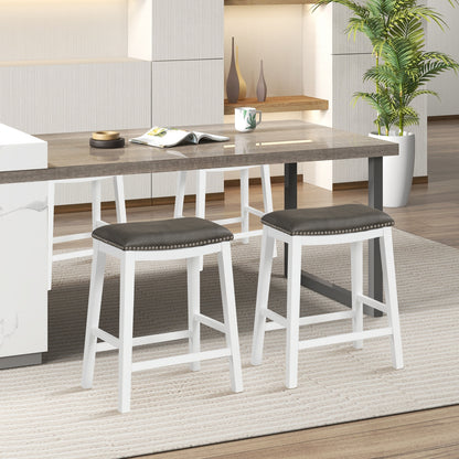 Elegant Counter Height Bar Chairs Set of 2 with PVC Leather Seat and Wooden Base, 26 Inch Grey