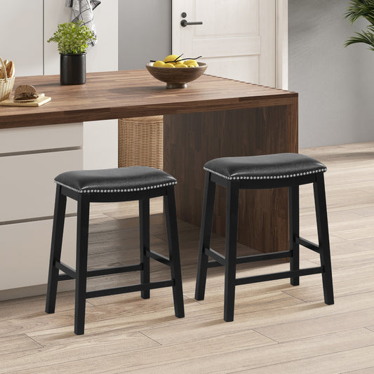 Elegant Counter Height Bar Chairs Set of 2 with PVC Leather Seat and Wooden Base, 26 Inch Black