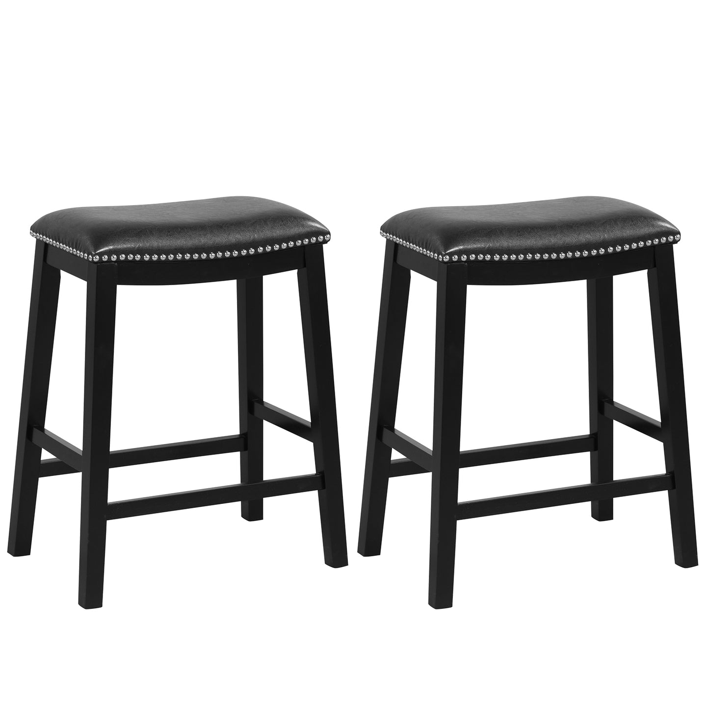 Elegant Counter Height Bar Chairs Set of 2 with PVC Leather Seat and Wooden Base, 26 Inch Black
