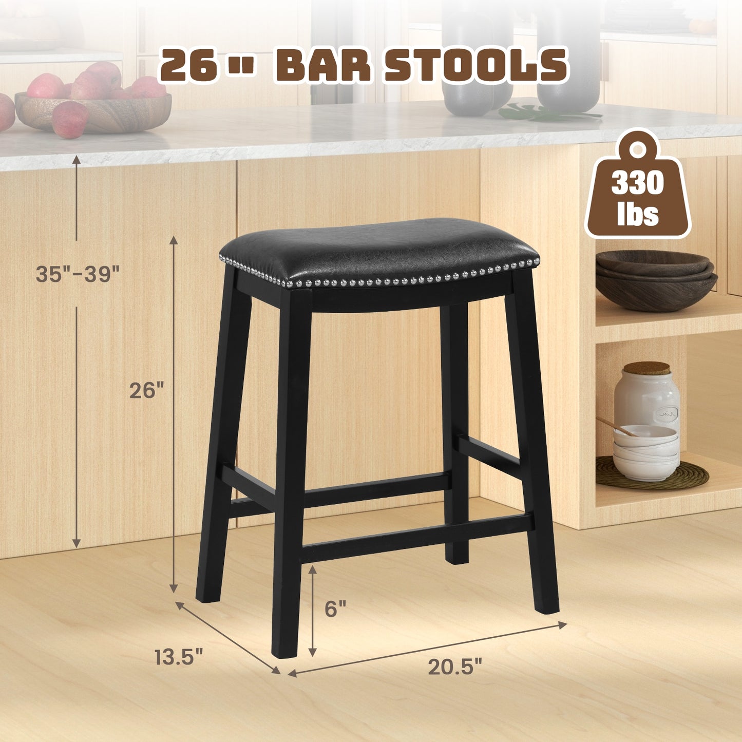 Elegant Counter Height Bar Chairs Set of 2 with PVC Leather Seat and Wooden Base, 26 Inch Black