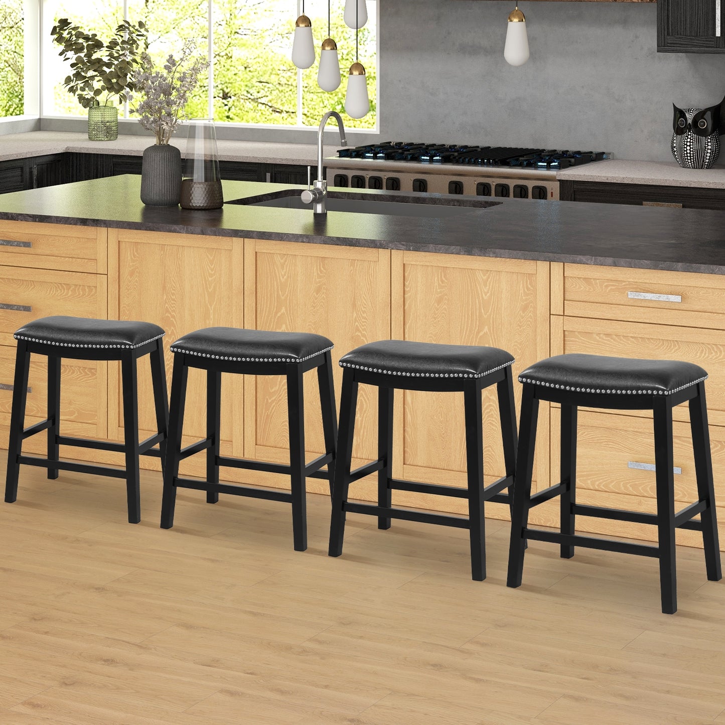Elegant Counter Height Bar Chairs Set of 2 with PVC Leather Seat and Wooden Base, 26 Inch Black