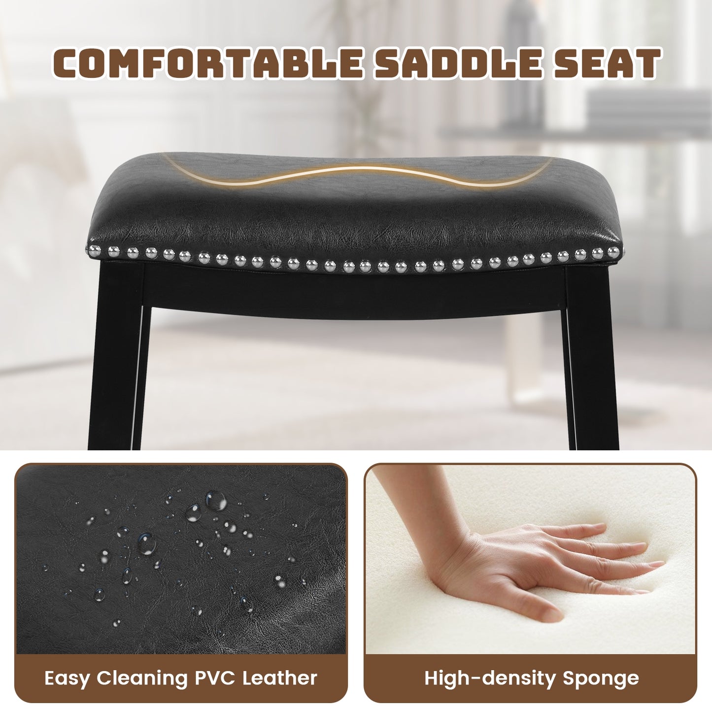 Elegant Counter Height Bar Chairs Set of 2 with PVC Leather Seat and Wooden Base, 26 Inch Black