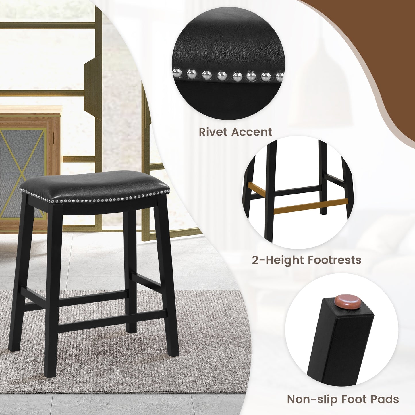 Elegant Counter Height Bar Chairs Set of 2 with PVC Leather Seat and Wooden Base, 26 Inch Black
