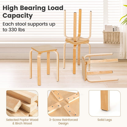 Set of 4 Stackable Colorful Square Wooden Stools with Anti-slip Pads - Natural