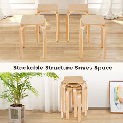Set of 4 Stackable Colorful Square Wooden Stools with Anti-slip Pads - Natural