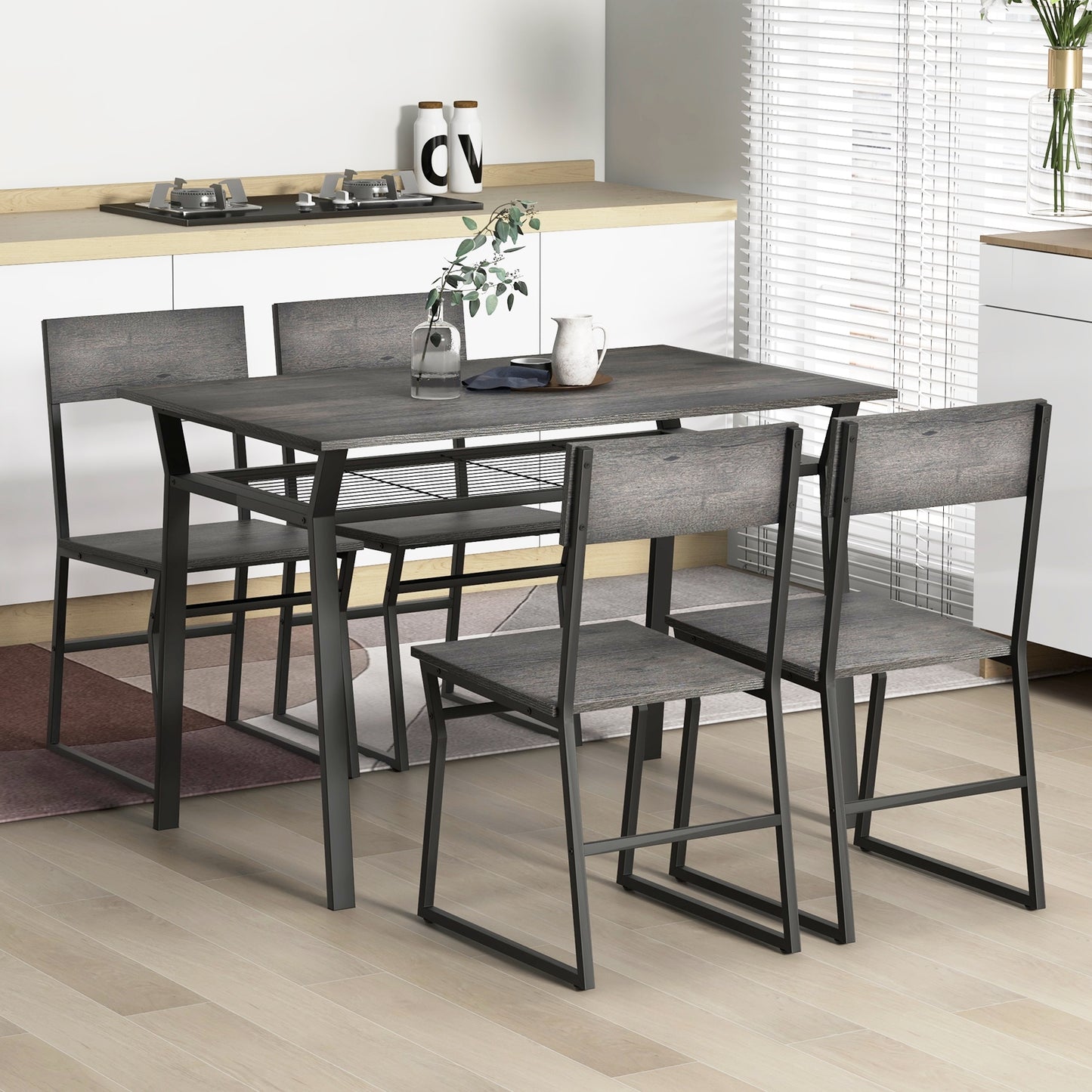 5 Piece Dining Table Set with Storage Shelf and Sleek Metal Frame in Grey Finish