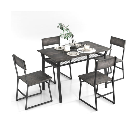 5 Piece Dining Table Set with Storage Shelf and Sleek Metal Frame in Grey Finish