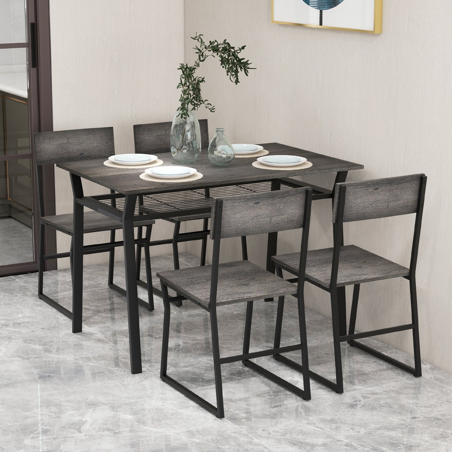 5 Piece Dining Table Set with Storage Shelf and Sleek Metal Frame in Grey Finish