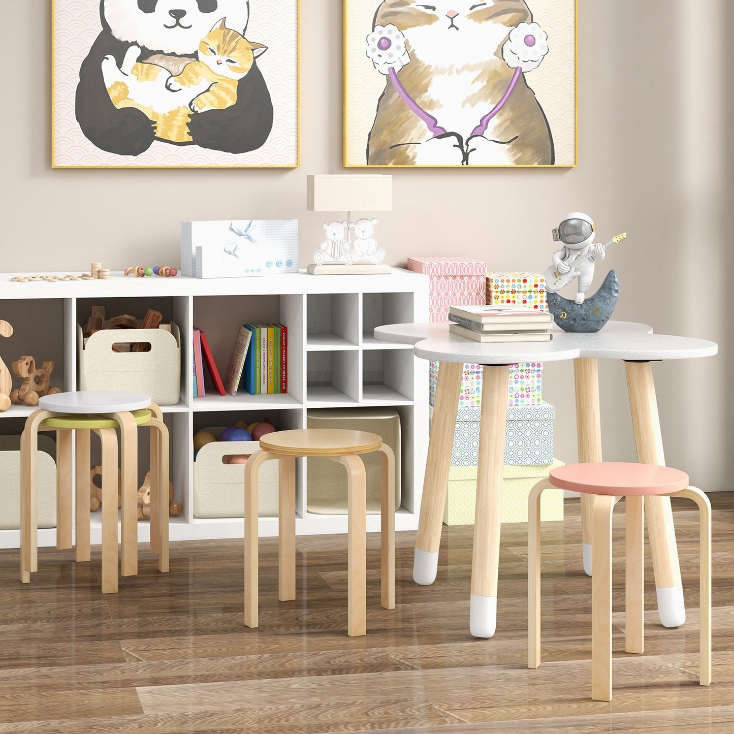 Stackable Wooden Stools Set of 4 with Round Seat and Space-Saving Design