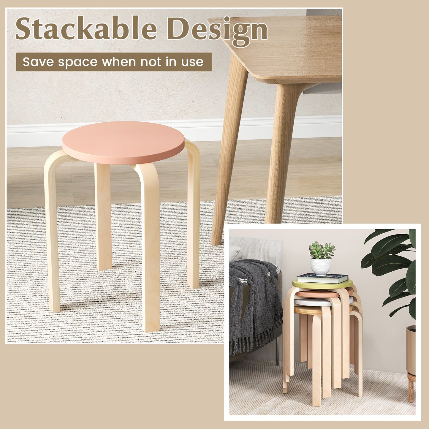 Stackable Wooden Stools Set of 4 with Round Seat and Space-Saving Design