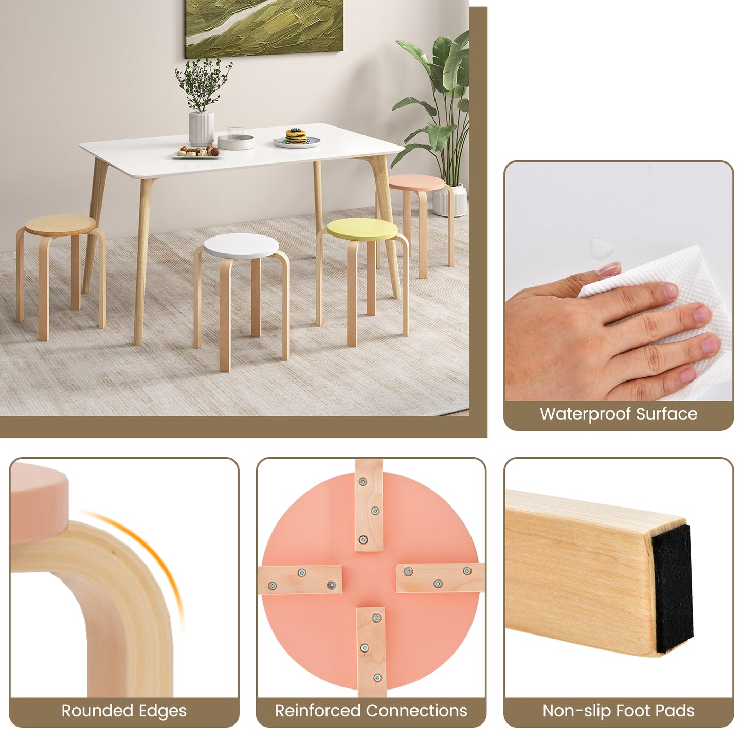 Stackable Wooden Stools Set of 4 with Round Seat and Space-Saving Design