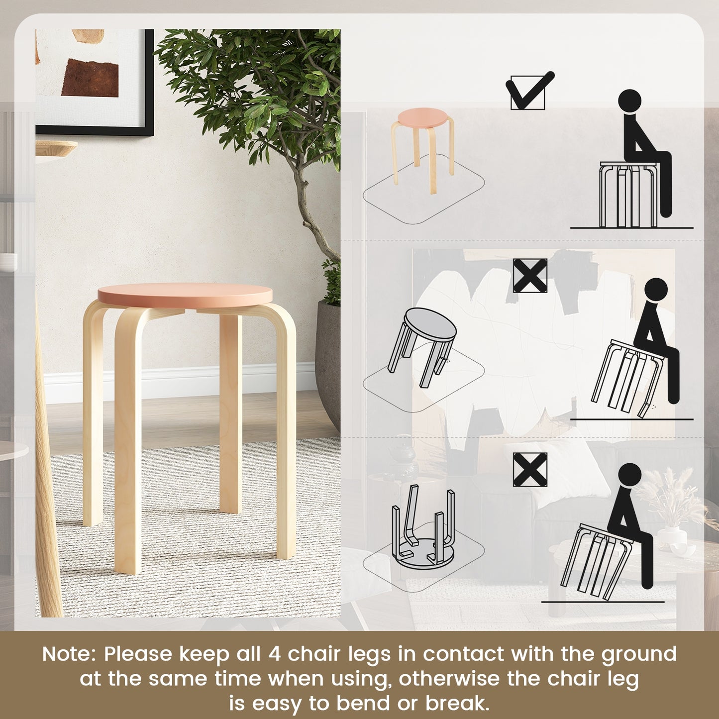 Stackable Wooden Stools Set of 4 with Round Seat and Space-Saving Design